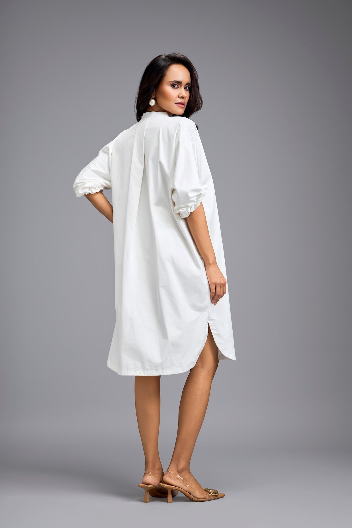 White Oversized Shirt Dress With Embellished Pocket