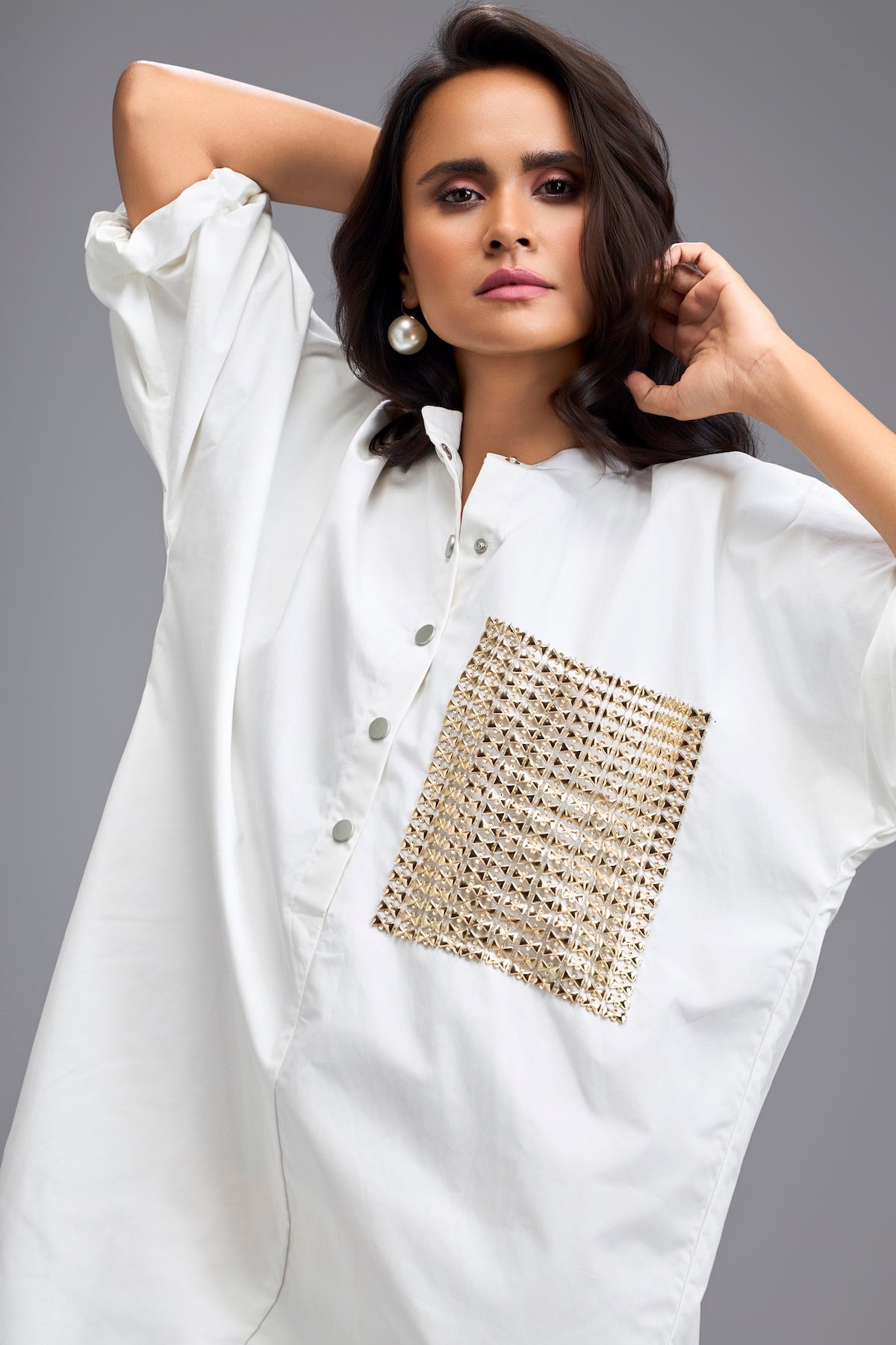 White Oversized Shirt Dress With Embellished Pocket