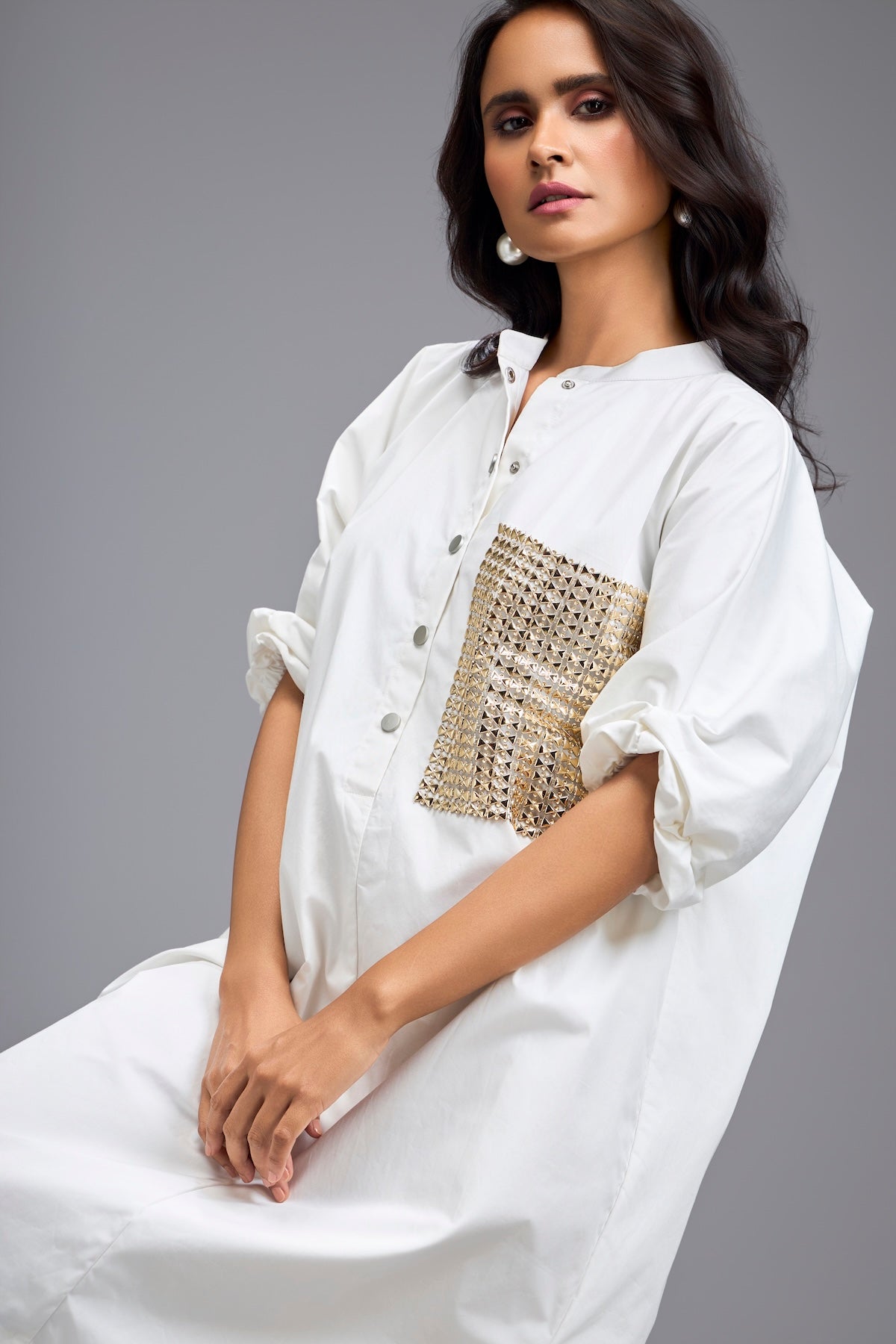 White Oversized Shirt Dress With Embellished Pocket