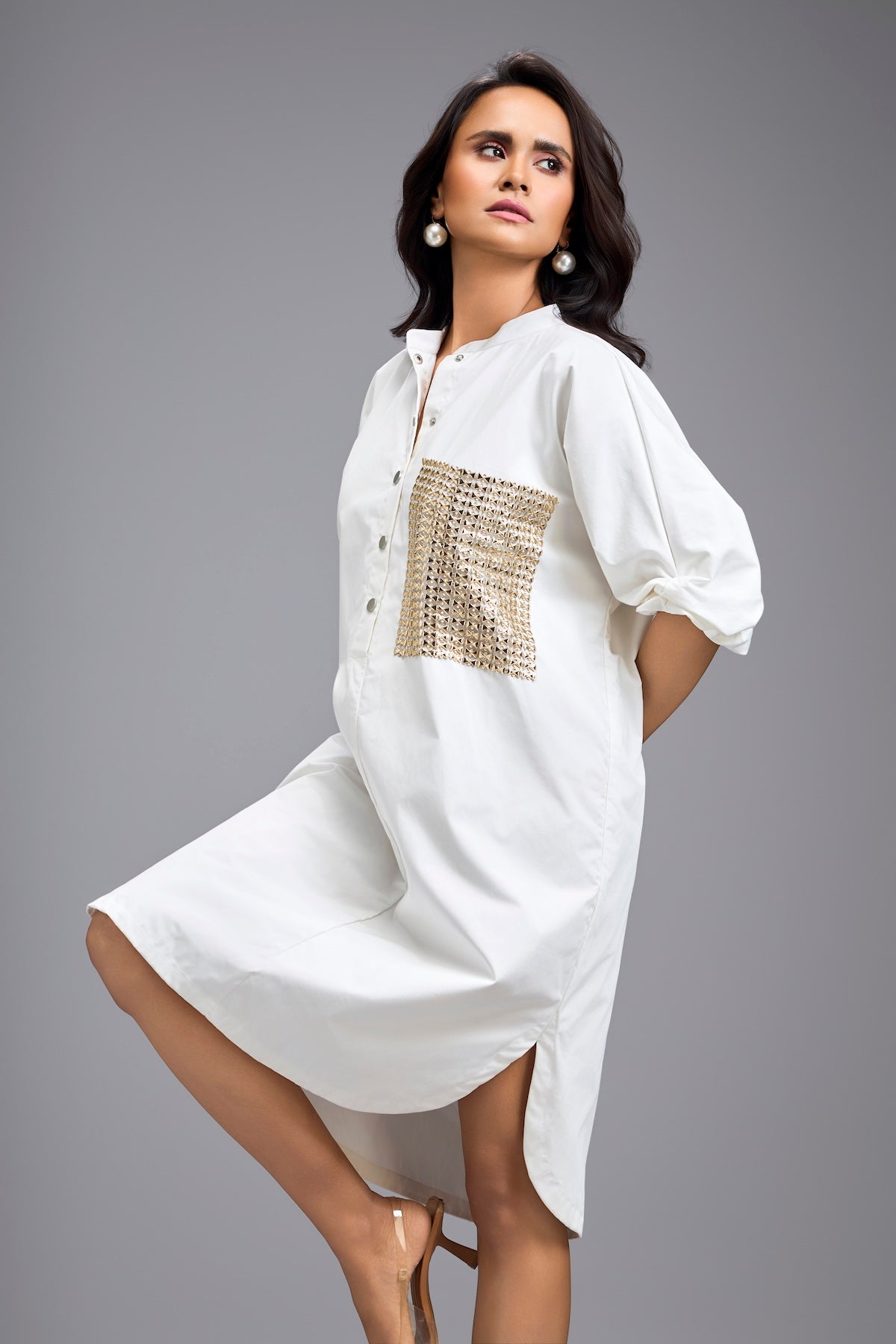 White Oversized Shirt Dress With Embellished Pocket
