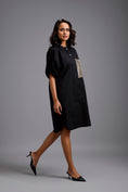 Load image into Gallery viewer, Oversized Shirt Dress with Ruched Sleeves & Embellished Pocket
