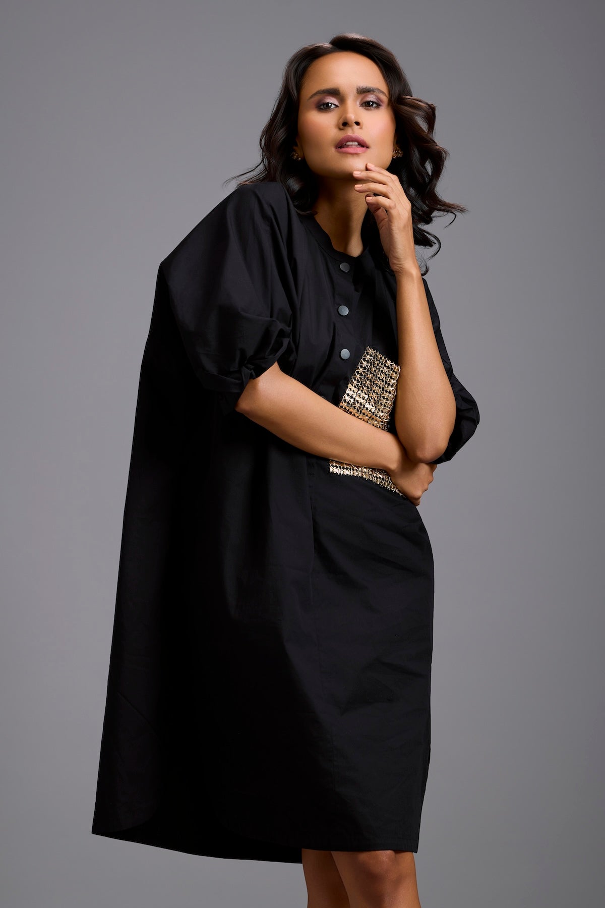 Oversized Shirt Dress with Ruched Sleeves & Embellished Pocket