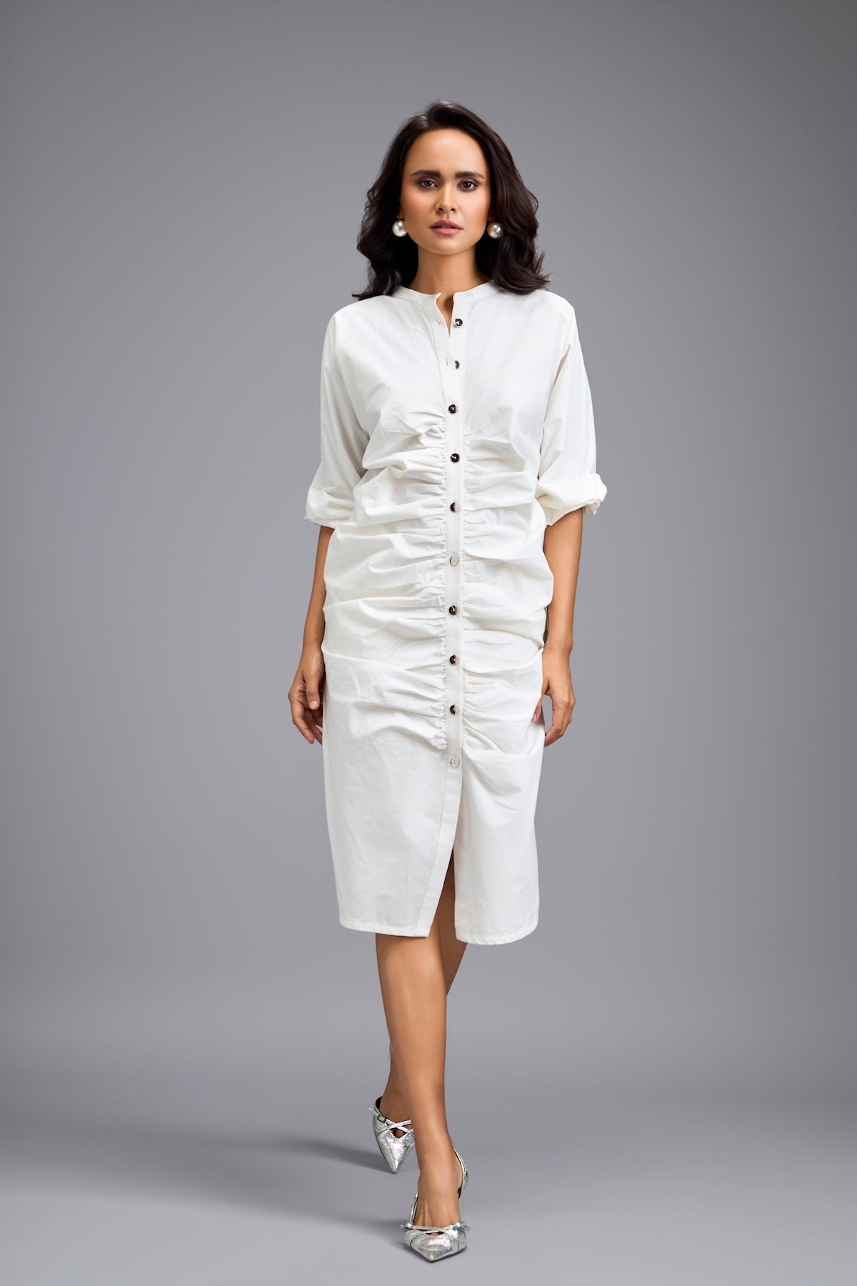White Ruched Button-down Shirt Dress