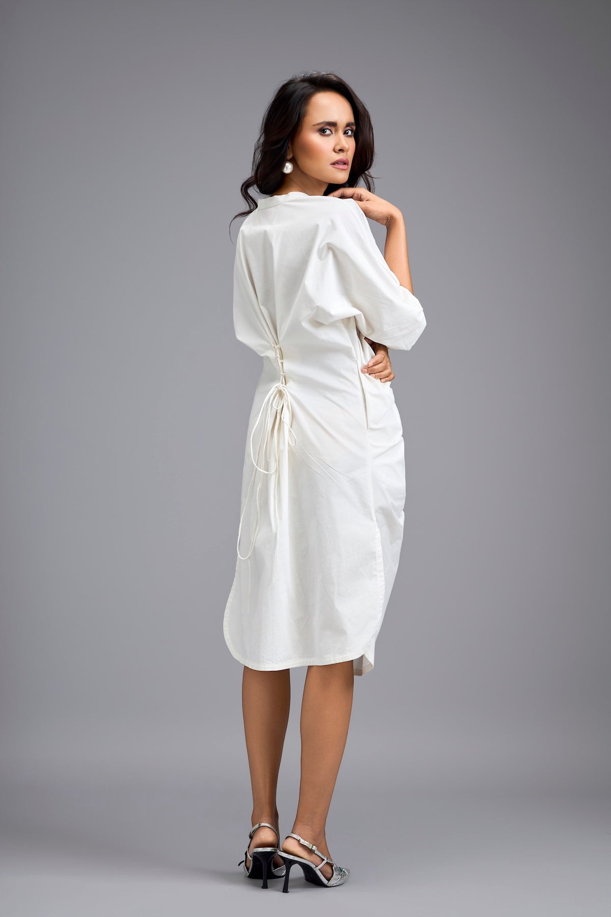 White Ruched Button-down Shirt Dress