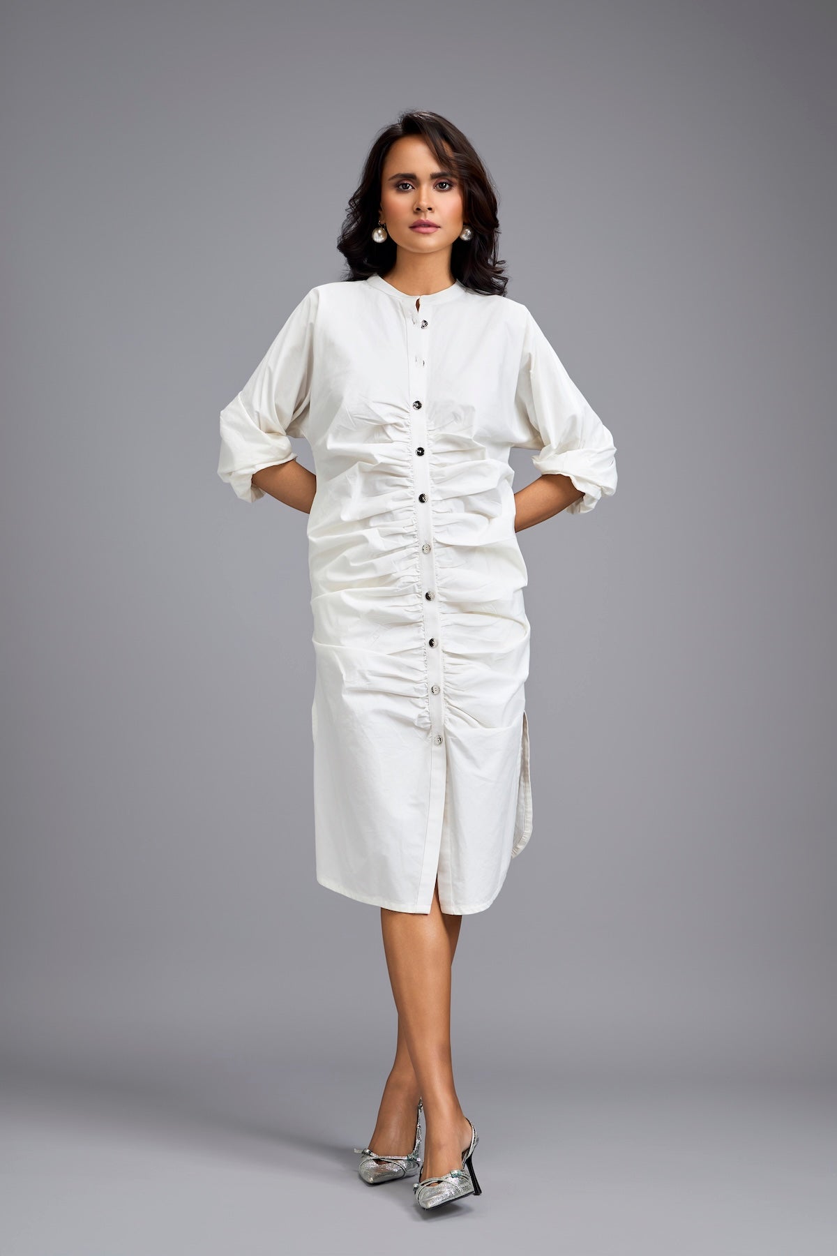 White Ruched Button-down Shirt Dress