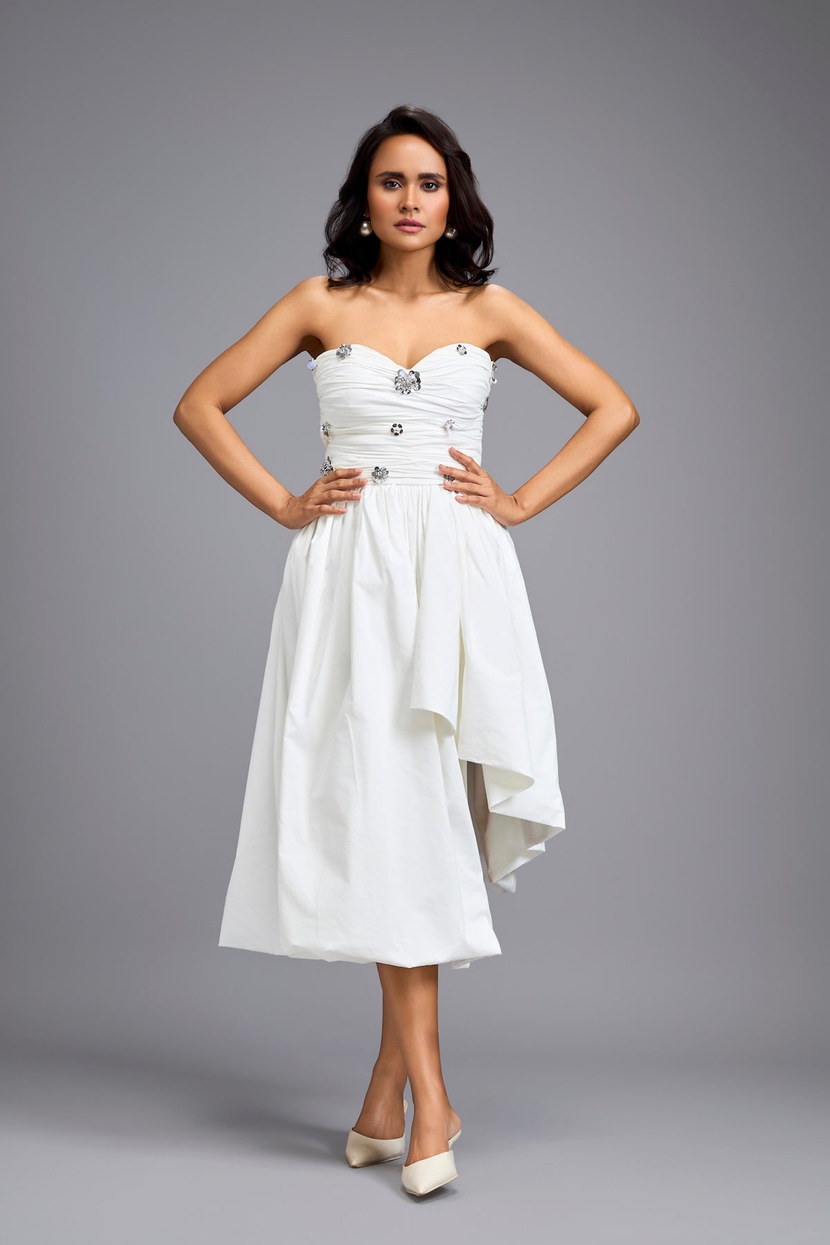 White Strapless Embellished Midi Dress