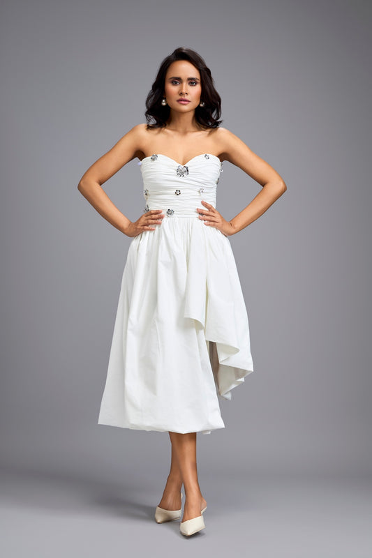 White Strapless Embellished Midi Dress