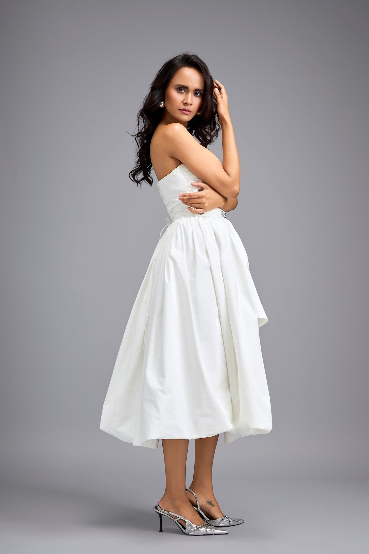 White Strapless Embellished Midi Dress