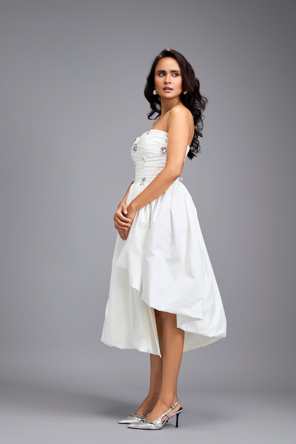 White Strapless Embellished Midi Dress