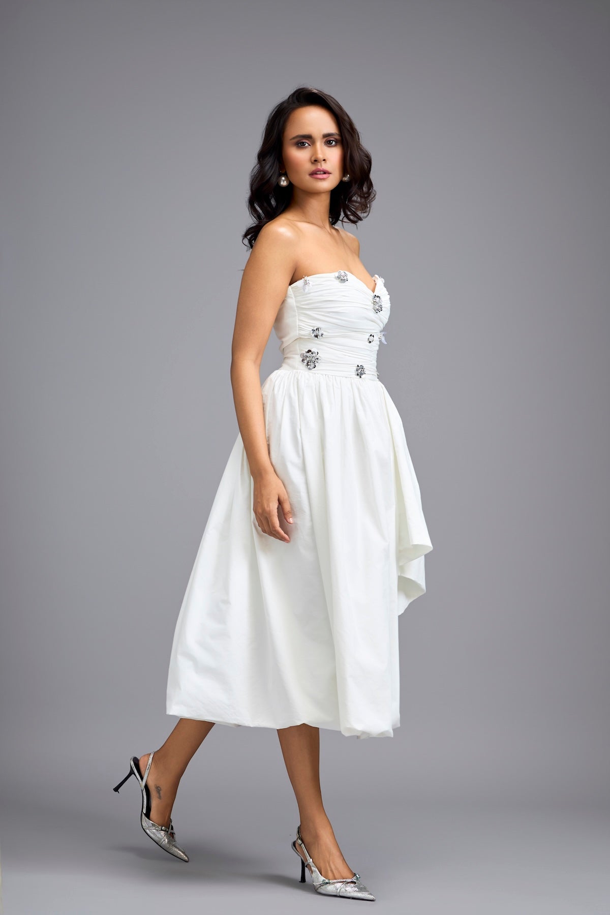 White Strapless Embellished Midi Dress