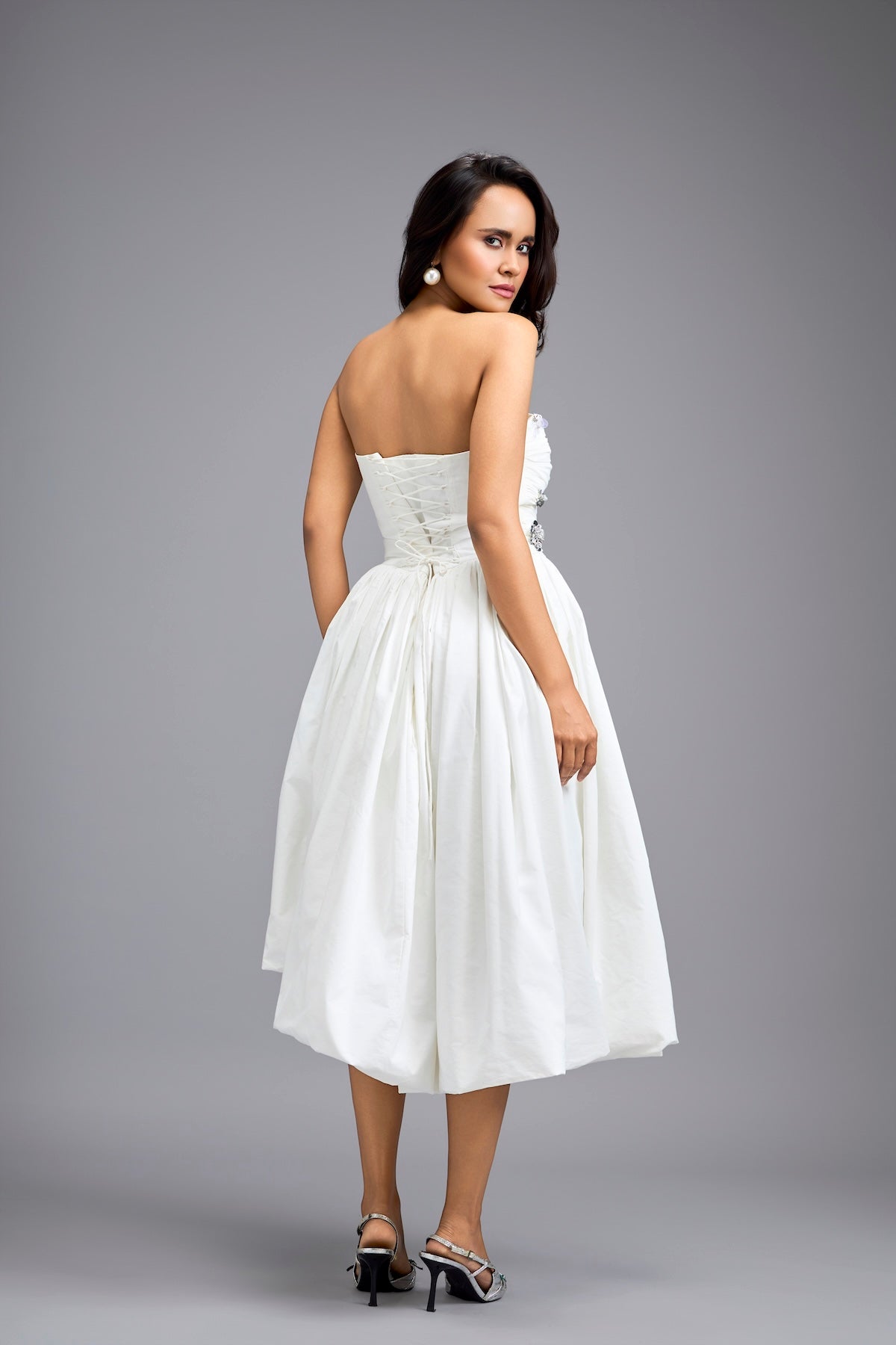 White Strapless Embellished Midi Dress