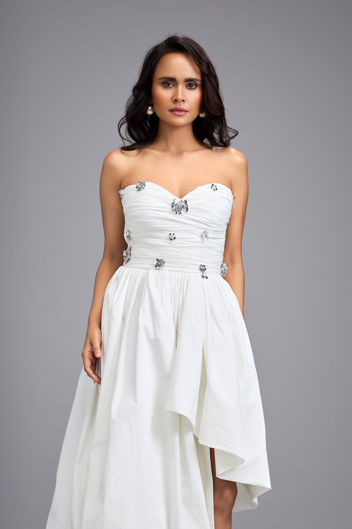 White Strapless Embellished Midi Dress