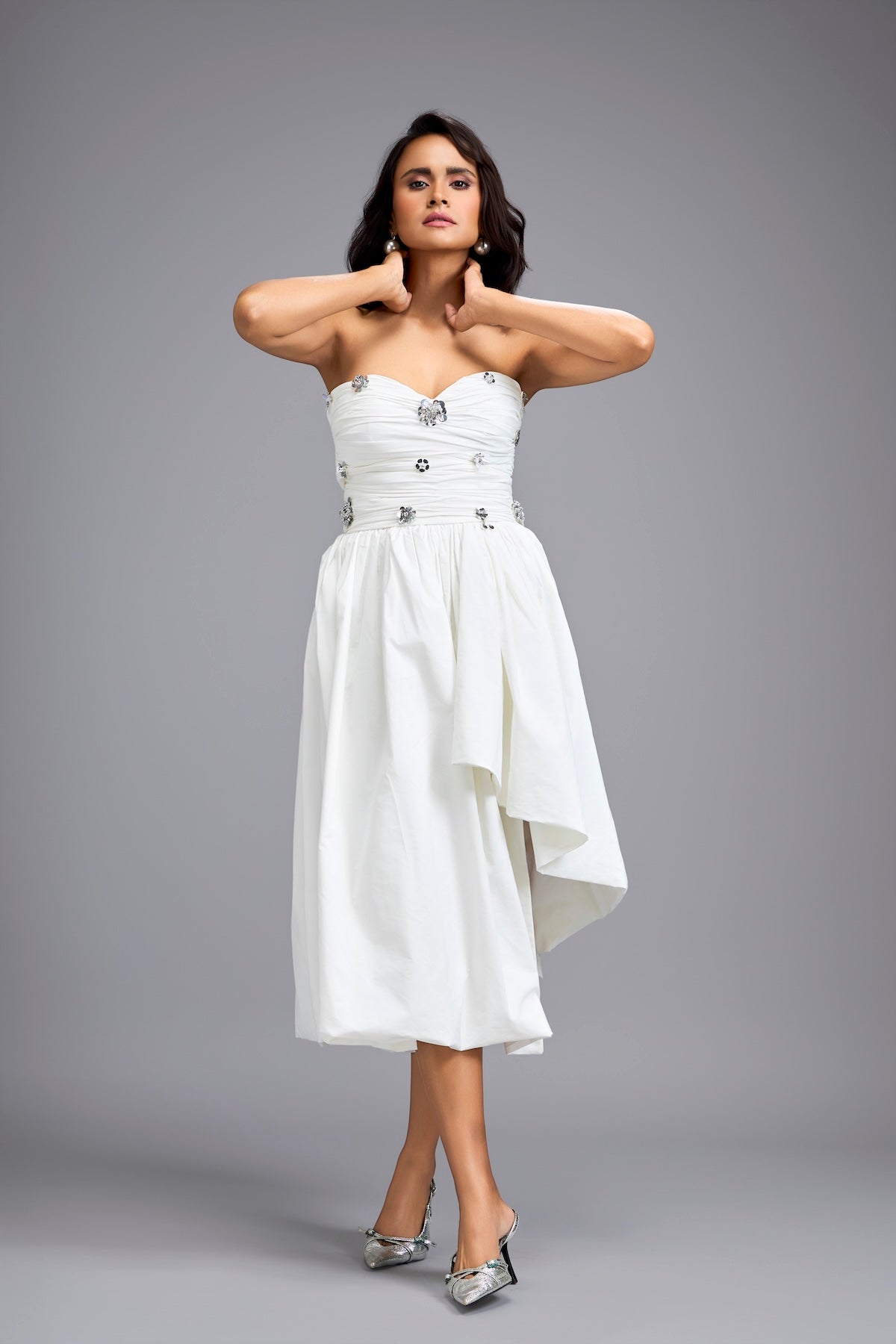White Strapless Embellished Midi Dress