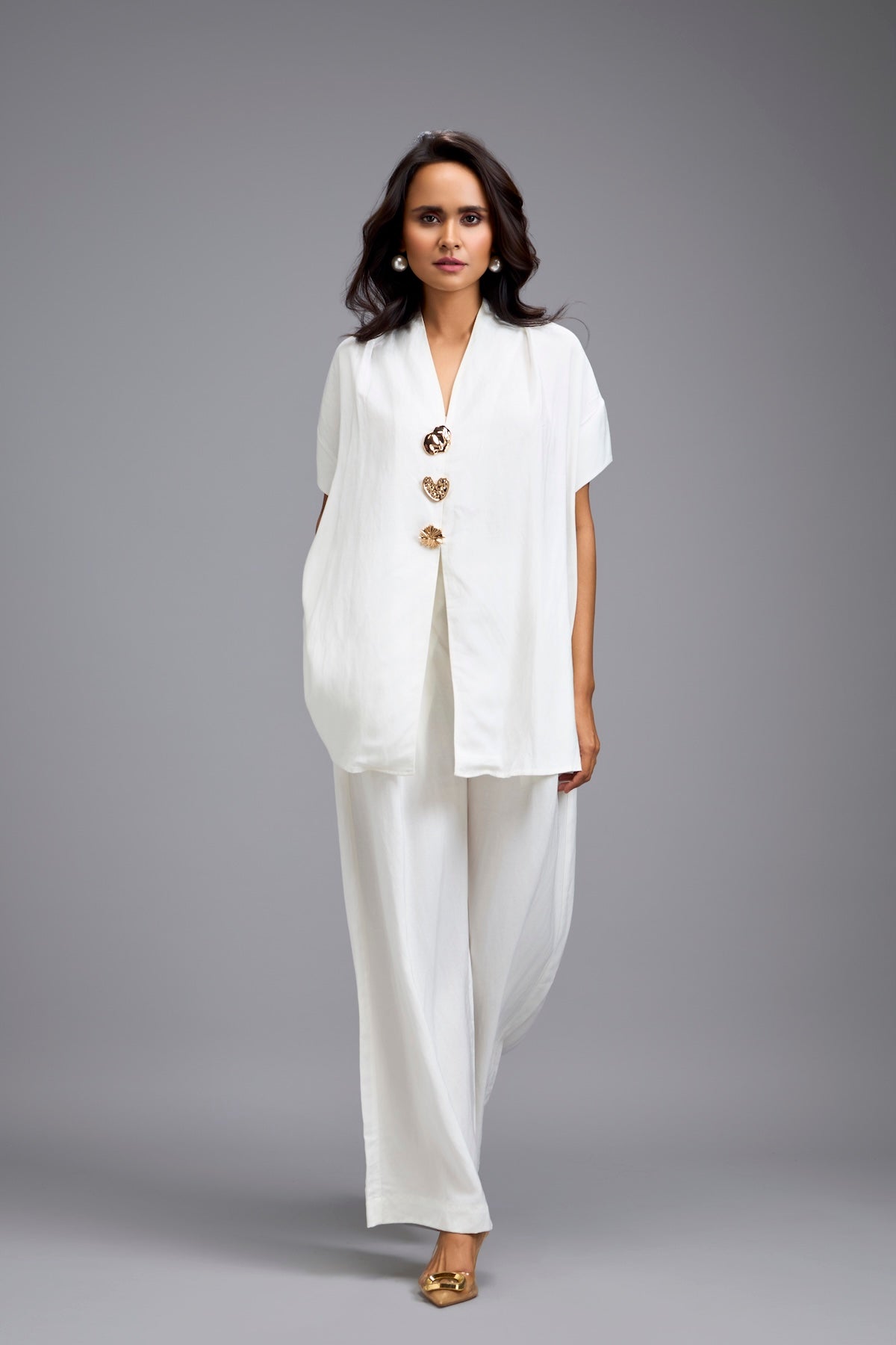 White Wide-Leg Co-Ord Set with Embellished Buttons