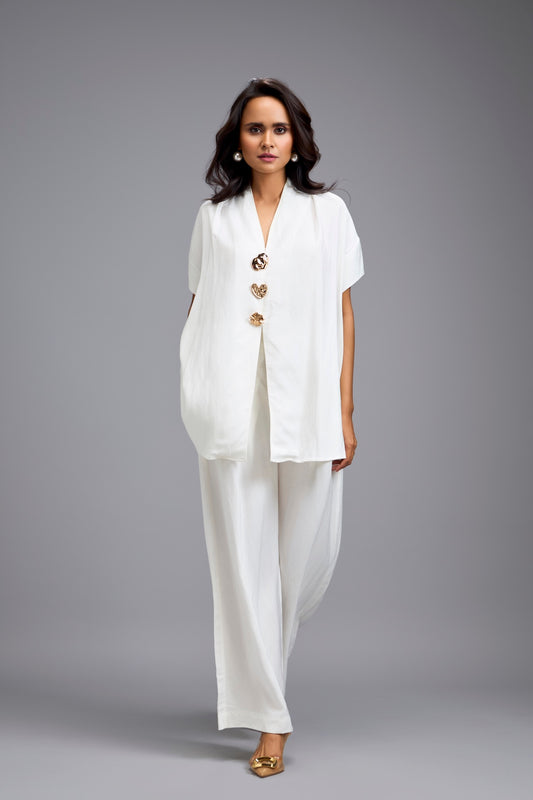 White Wide-Leg Co-Ord Set with Embellished Buttons