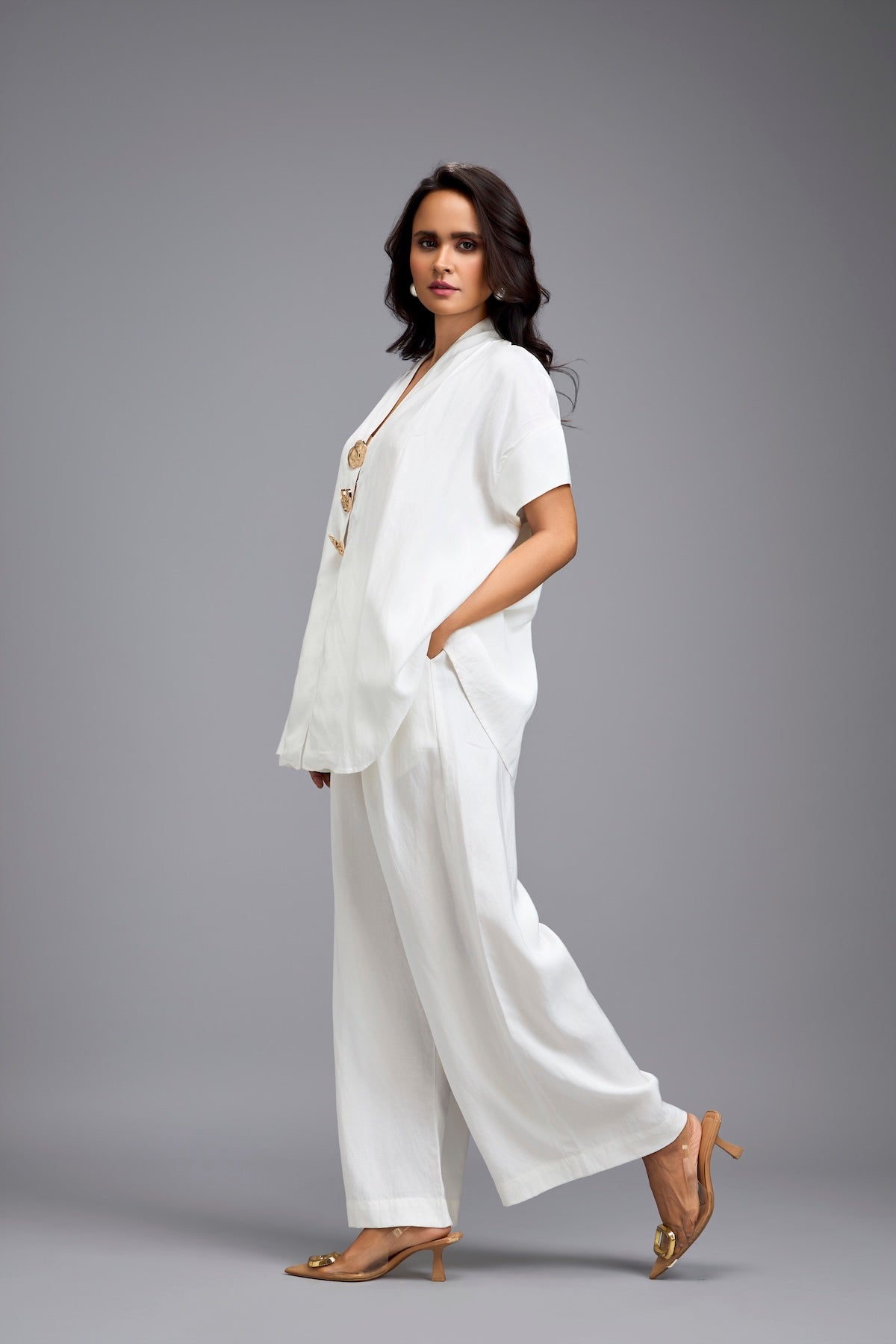White Wide-Leg Co-Ord Set with Embellished Buttons