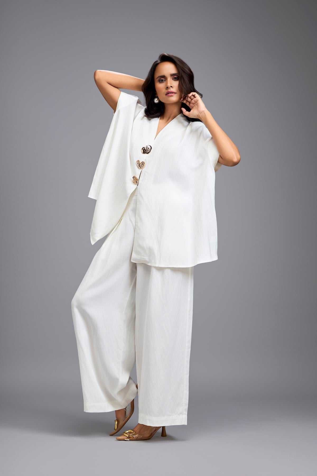 White Wide-Leg Co-Ord Set with Embellished Buttons