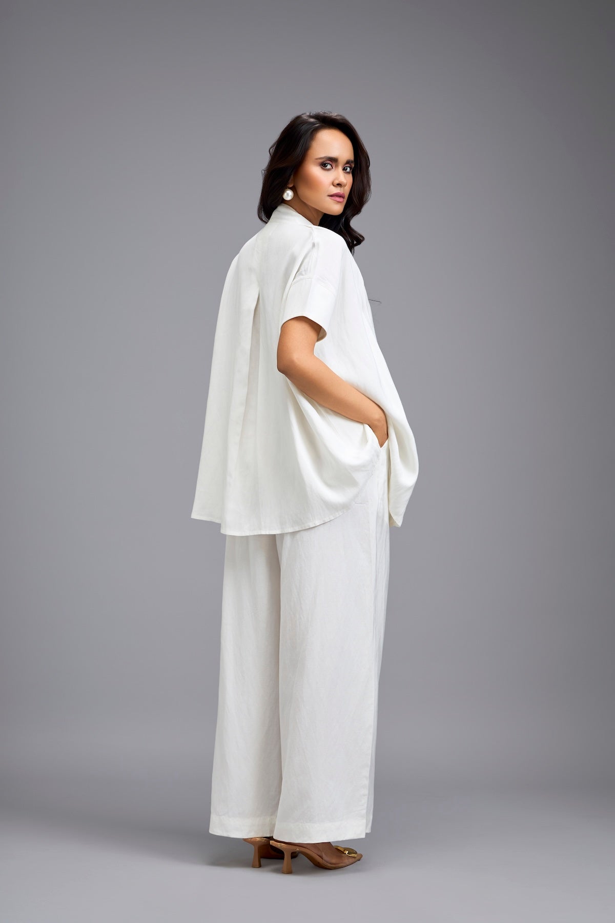 White Wide-Leg Co-Ord Set with Embellished Buttons