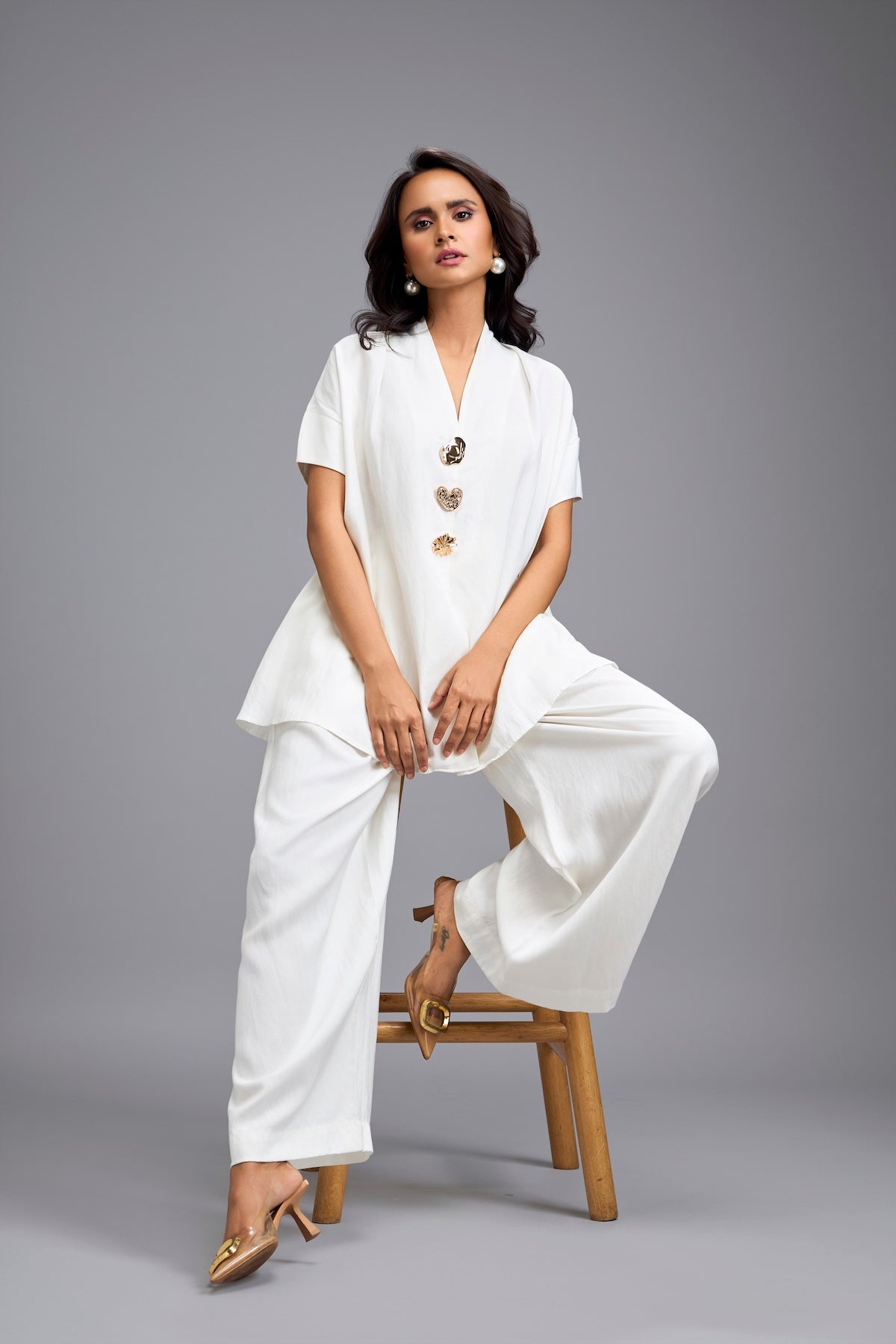 White Wide-Leg Co-Ord Set with Embellished Buttons