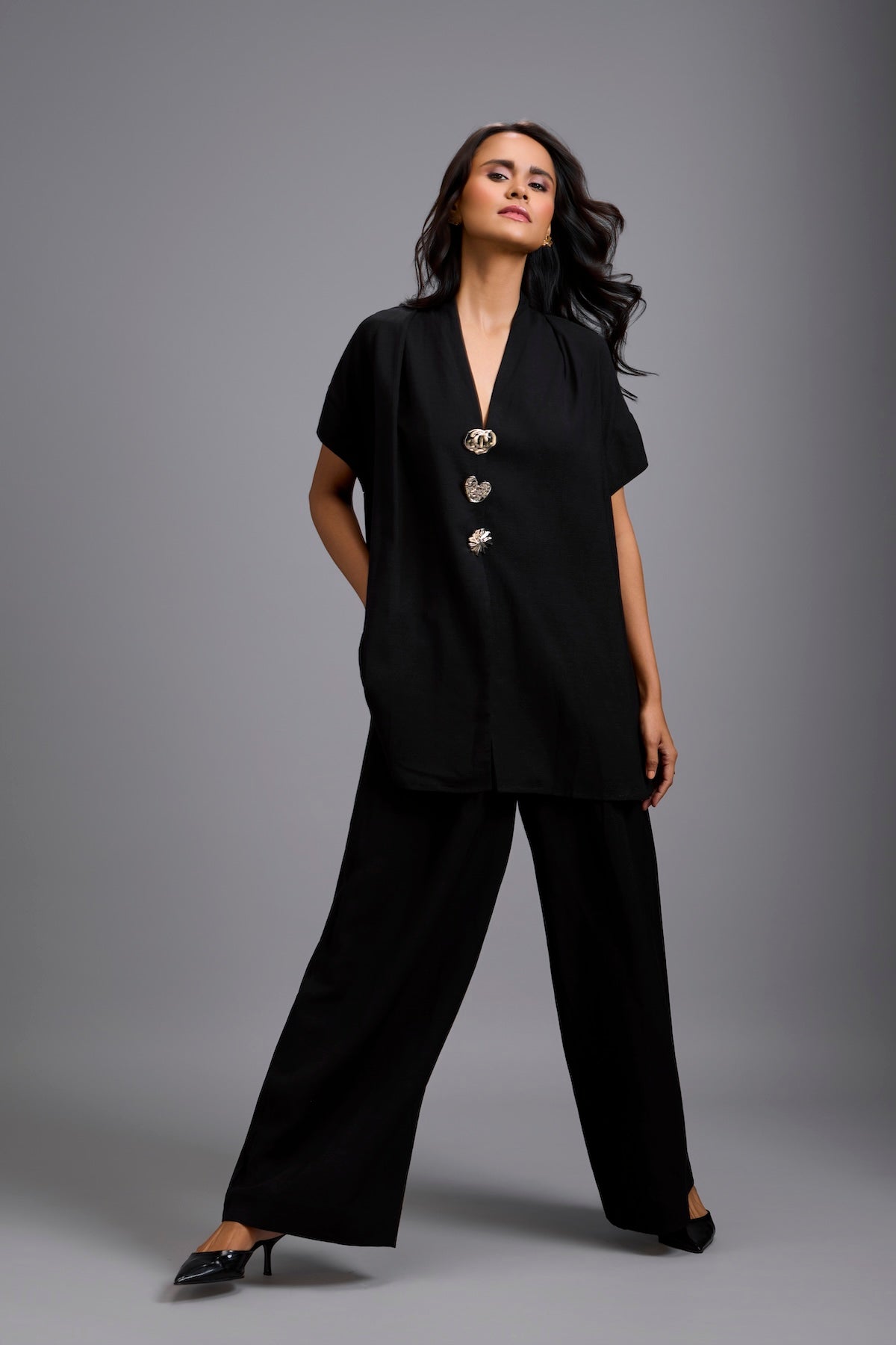 Black Wide-Leg Co-Ord Set with Embellished Buttons