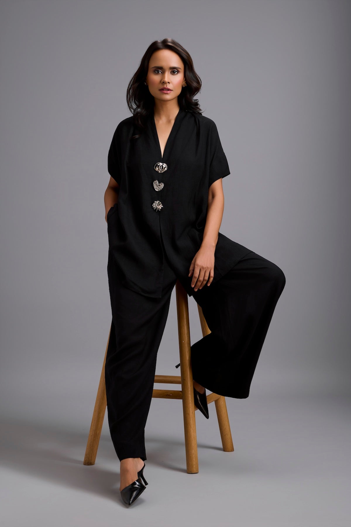 Black Wide-Leg Co-Ord Set with Embellished Buttons
