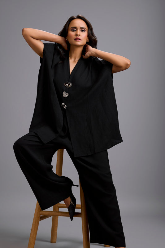 Black Wide-Leg Co-Ord Set with Embellished Buttons