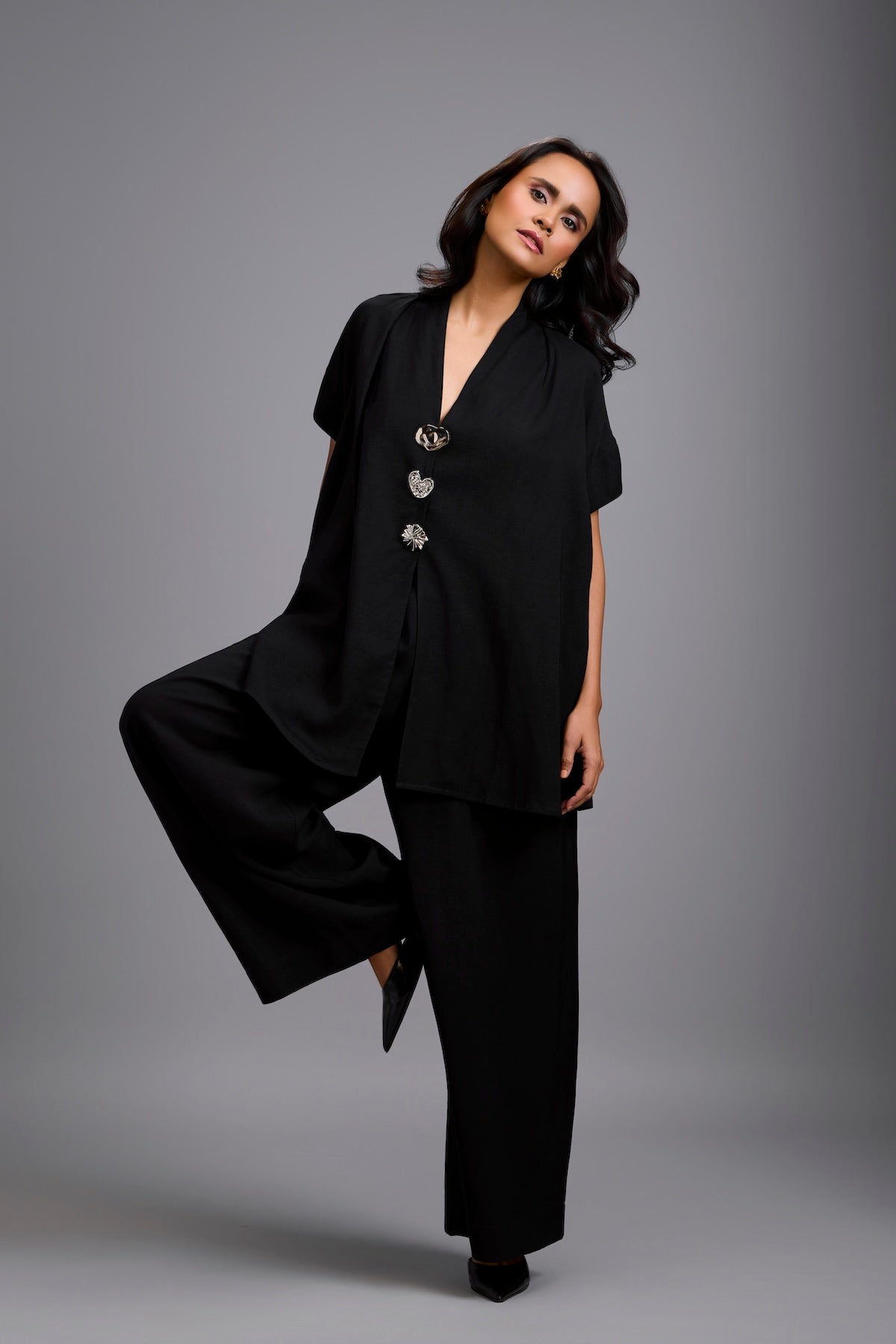 Black Wide-Leg Co-Ord Set with Embellished Buttons