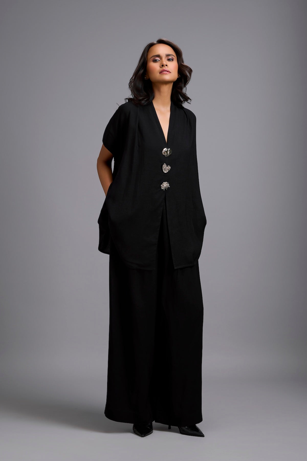Black Wide-Leg Co-Ord Set with Embellished Buttons