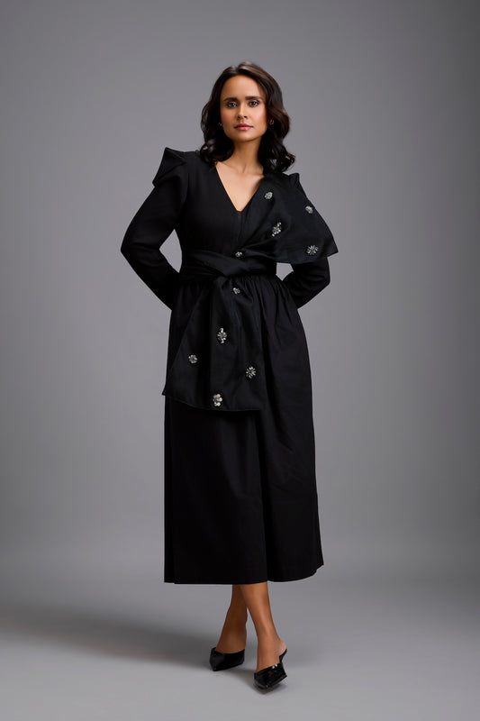 Structured Wide-Leg Jumpsuit with Crystal Bow Detail