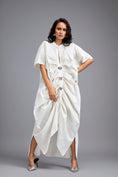 Load image into Gallery viewer, White Draped Kaftan Sleeve Dress With Gold Buttons

