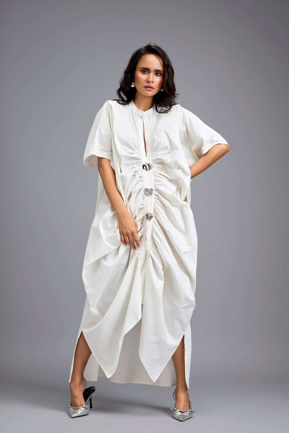 White Draped Kaftan Sleeve Dress With Gold Buttons
