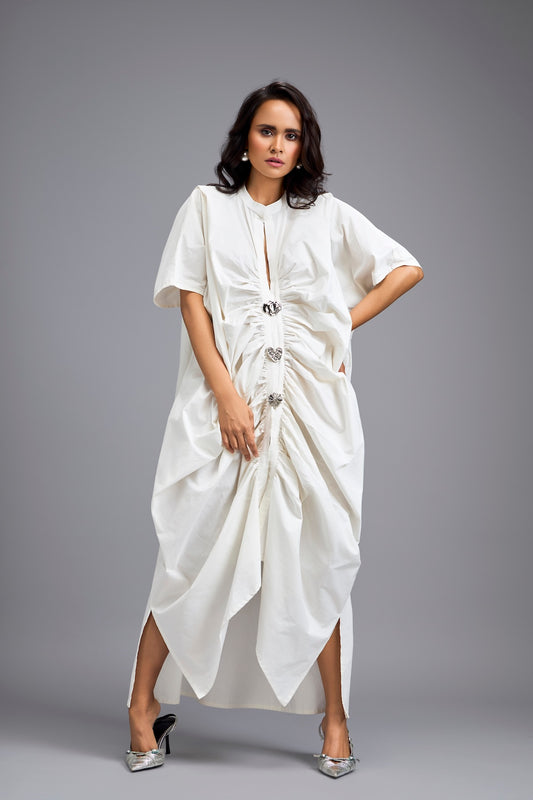 White Draped Kaftan Sleeve Dress With Gold Buttons