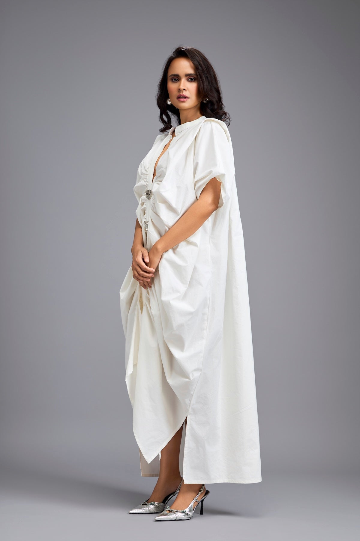 White Draped Kaftan Sleeve Dress With Gold Buttons