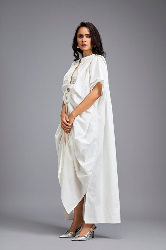 White Draped Kaftan Sleeve Dress With Gold Buttons