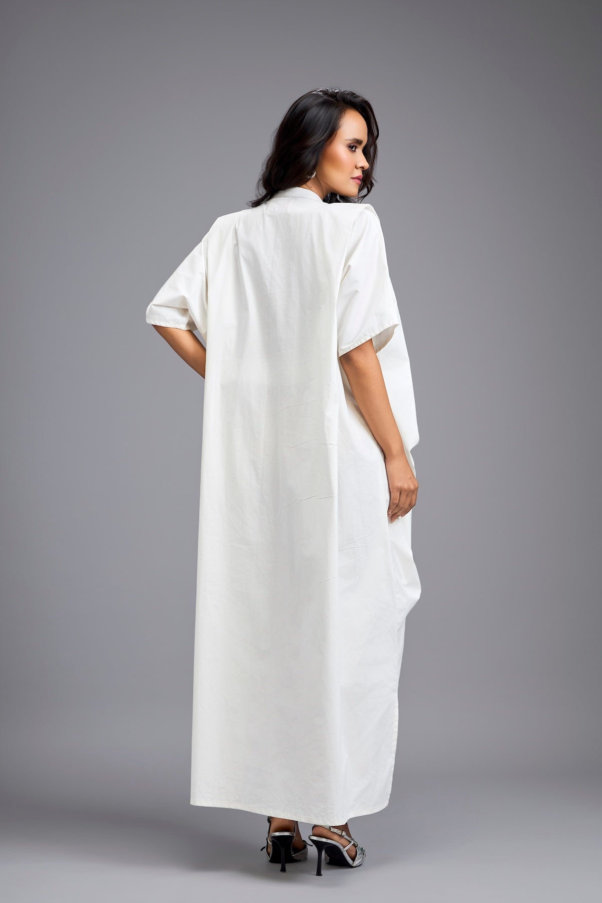 White Draped Kaftan Sleeve Dress With Gold Buttons