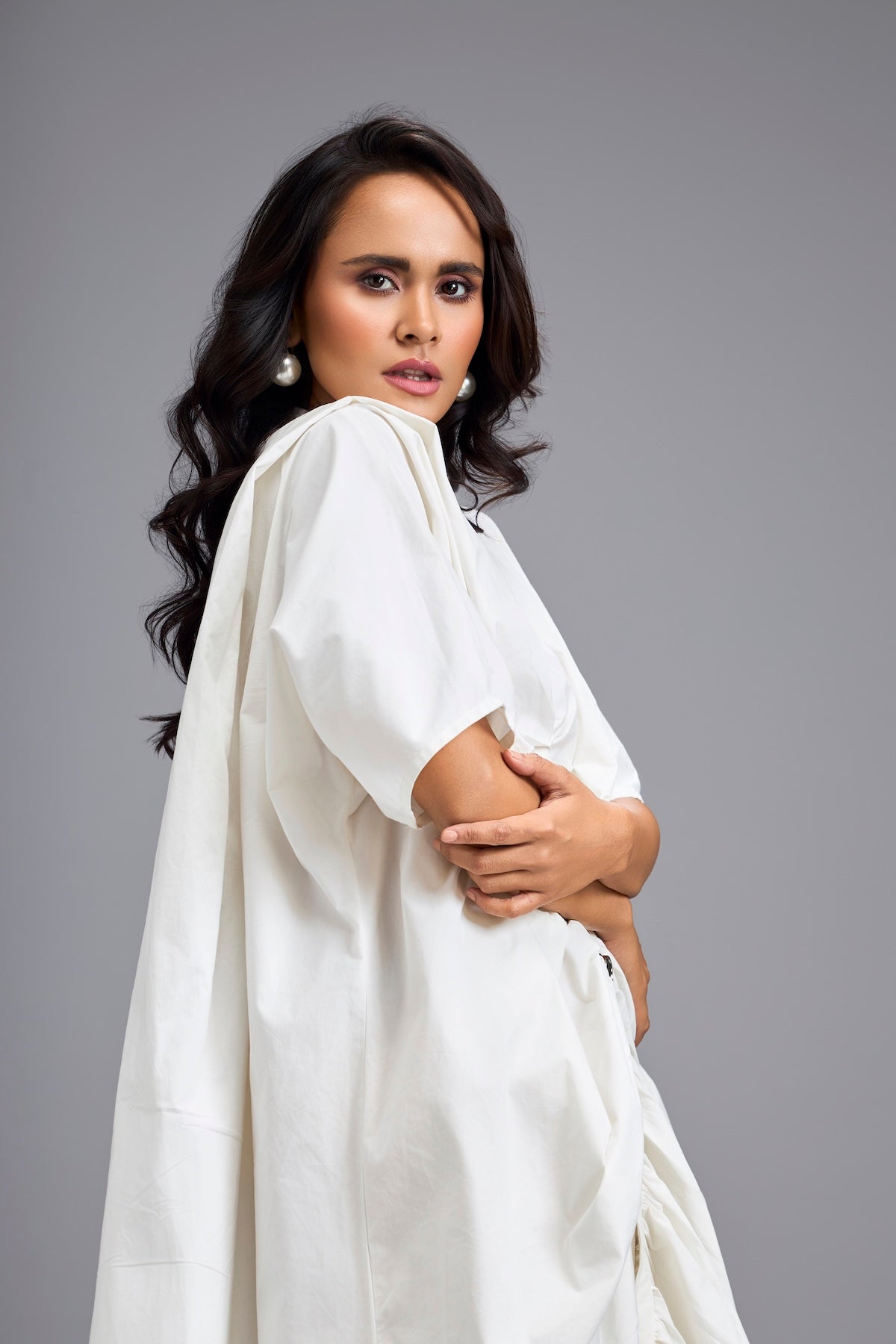 White Draped Kaftan Sleeve Dress With Gold Buttons