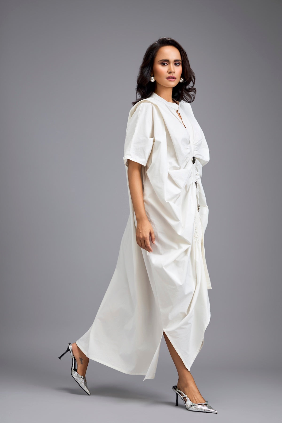 White Draped Kaftan Sleeve Dress With Gold Buttons