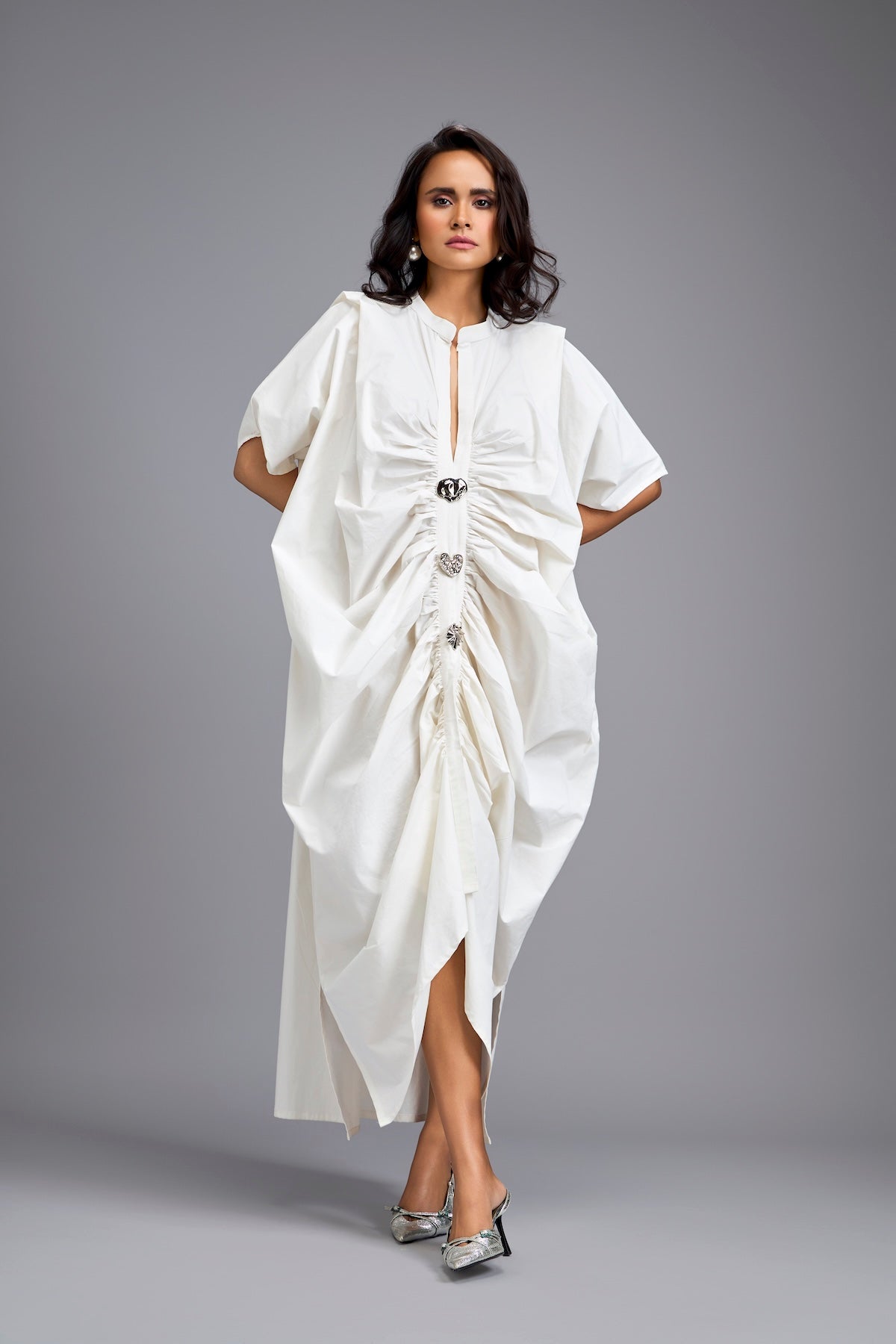 White Draped Kaftan Sleeve Dress With Gold Buttons