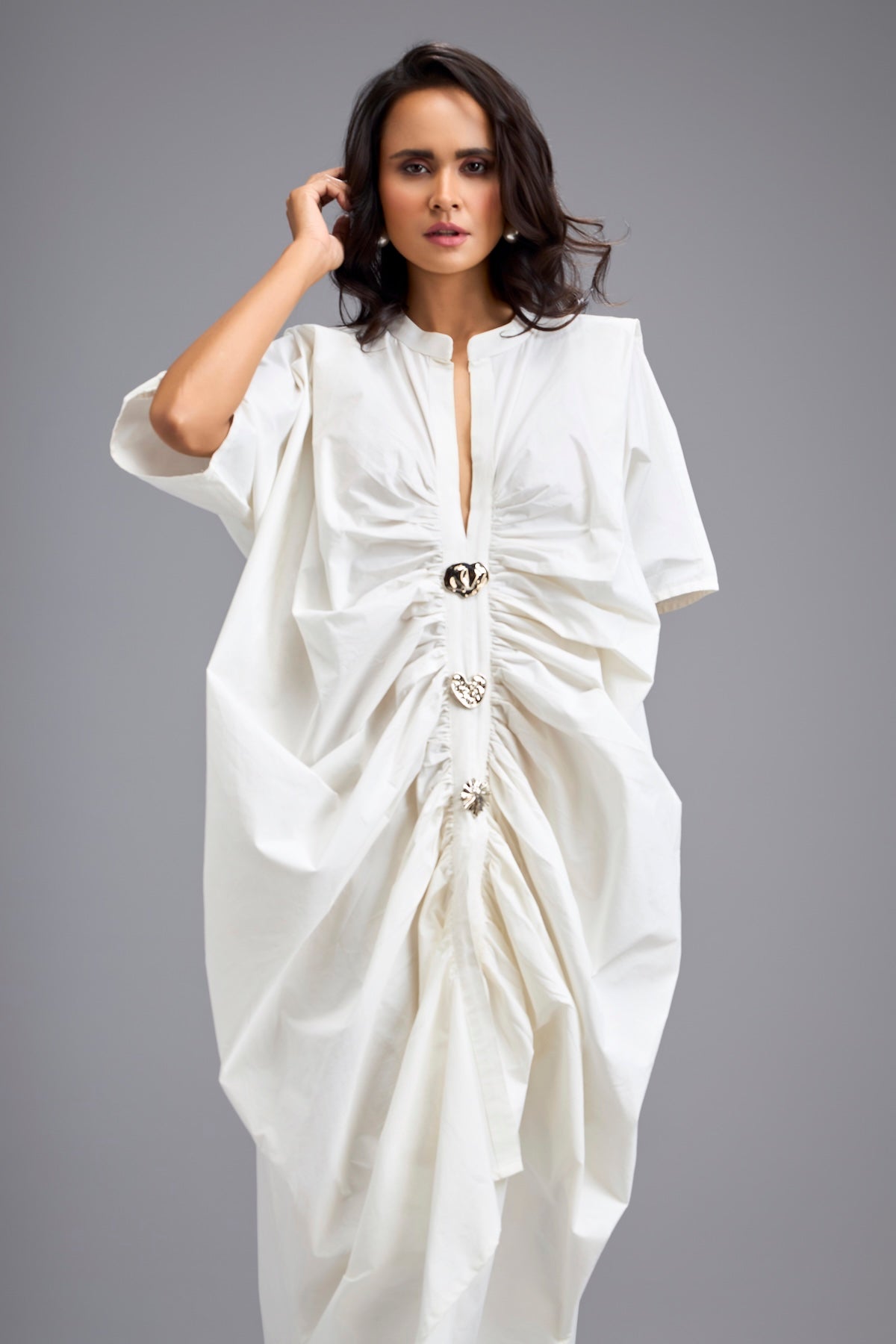 White Draped Kaftan Sleeve Dress With Gold Buttons