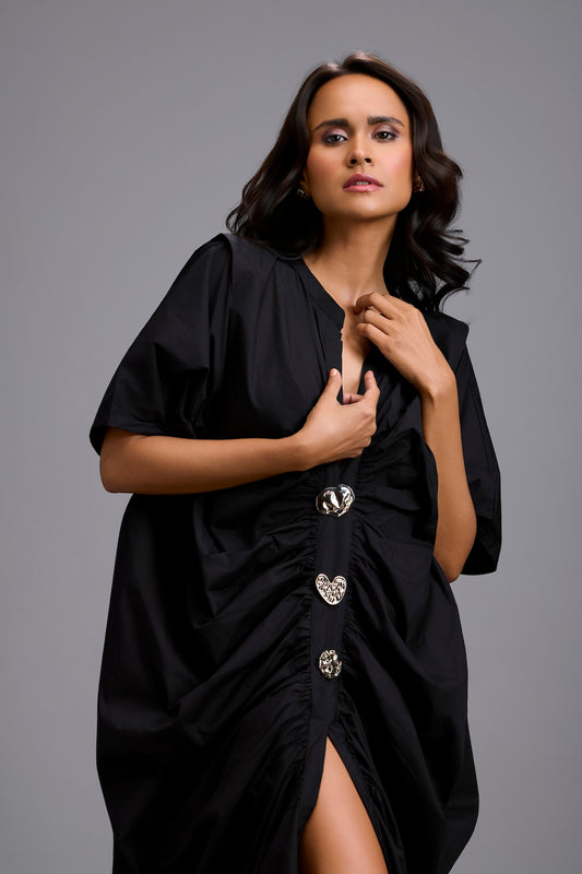 Draped Kaftan Dress with Golden Button Embellishments