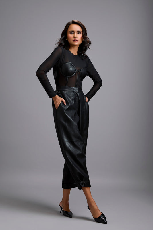 Sheer Bodysuit with Leather Bustier & Pants