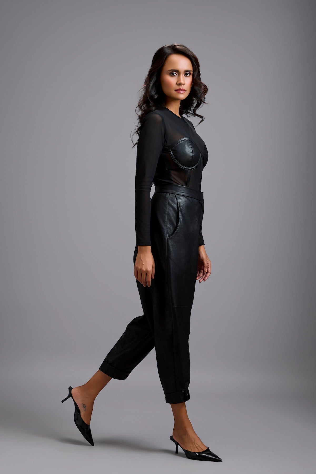 Sheer Bodysuit with Leather Bustier & Pants