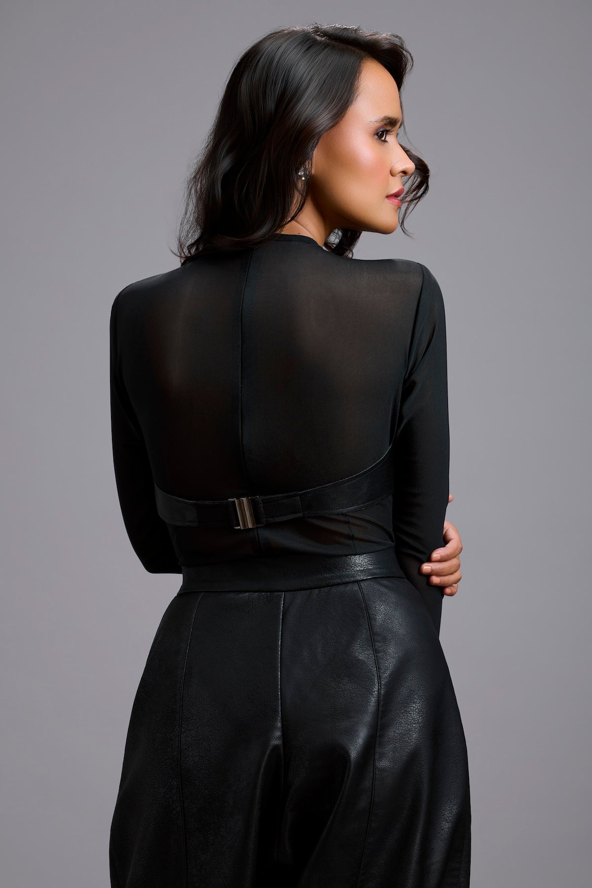 Sheer Bodysuit with Leather Bustier & Pants