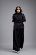 Load image into Gallery viewer, Black High-Neck Blouse with Floral Sleeves & Wide-Leg Trousers
