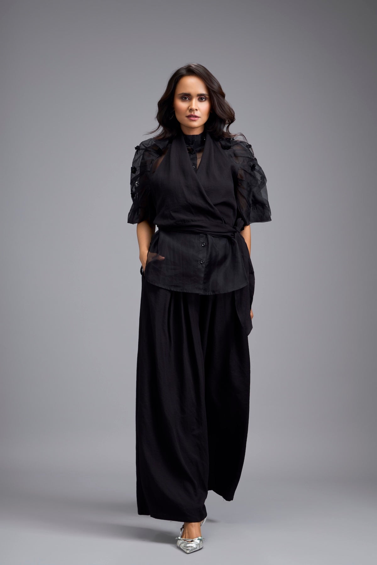 Black High-Neck Blouse with Floral Sleeves & Wide-Leg Trousers