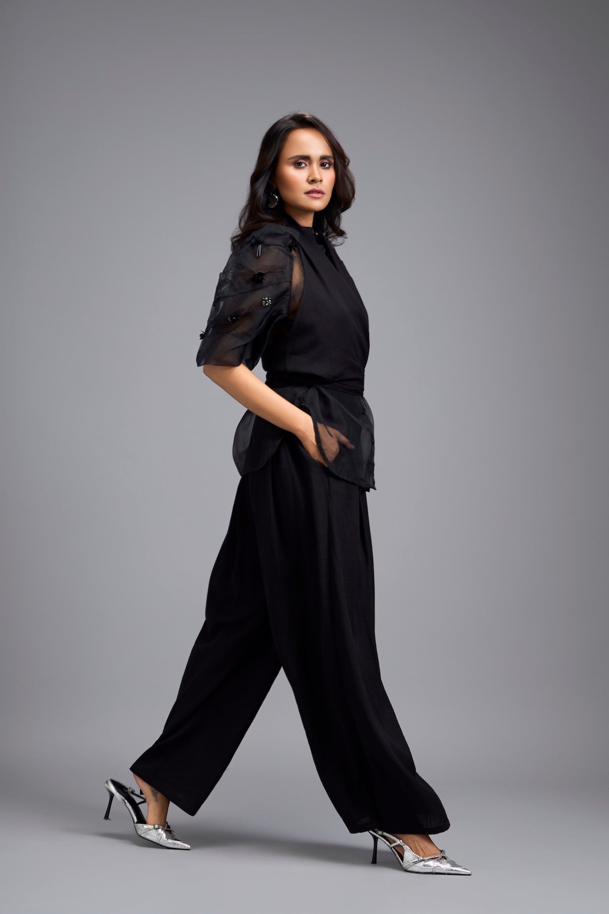 Black High-Neck Blouse with Floral Sleeves & Wide-Leg Trousers