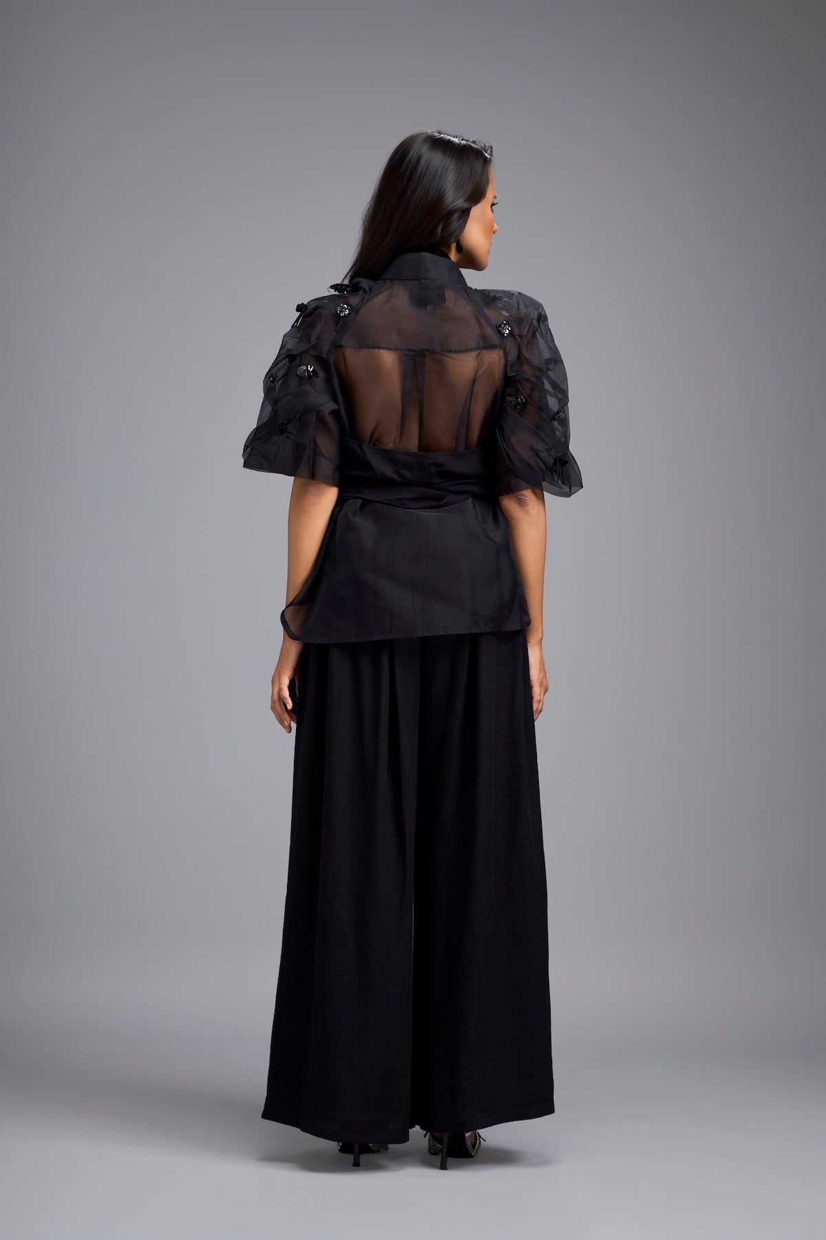 Black High-Neck Blouse with Floral Sleeves & Wide-Leg Trousers
