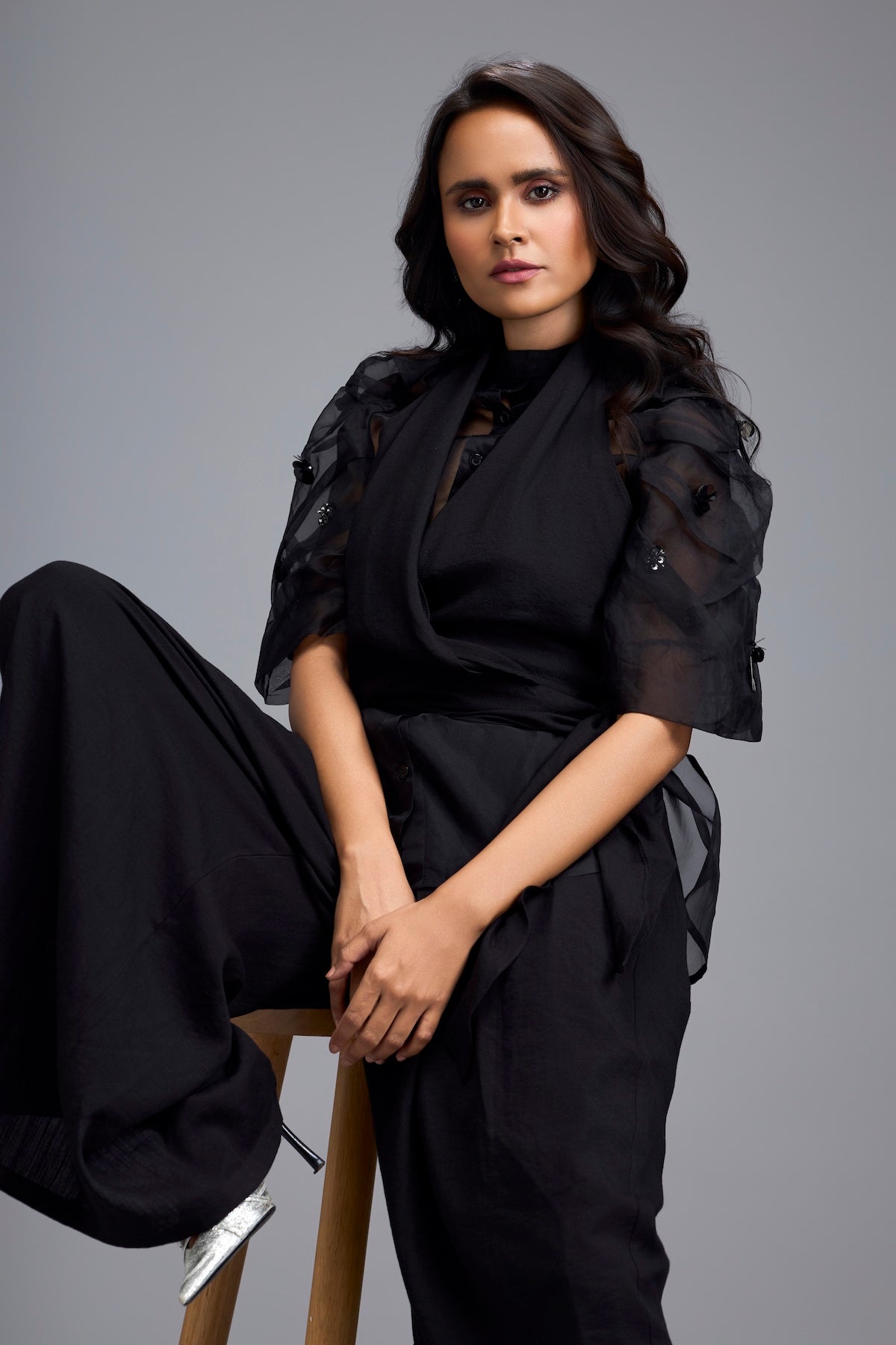 Black High-Neck Blouse with Floral Sleeves & Wide-Leg Trousers