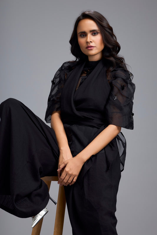 Black High-Neck Blouse with Floral Sleeves & Wide-Leg Trousers