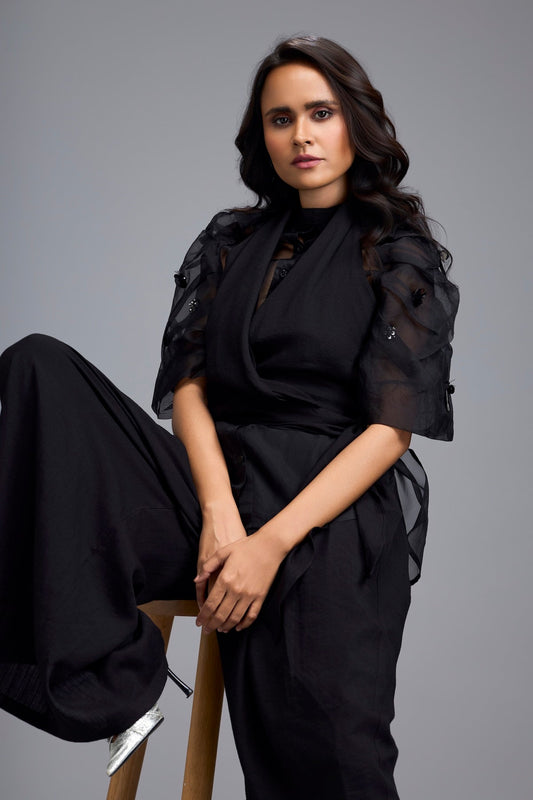 Black High-Neck Blouse with Floral Sleeves & Wide-Leg Trousers